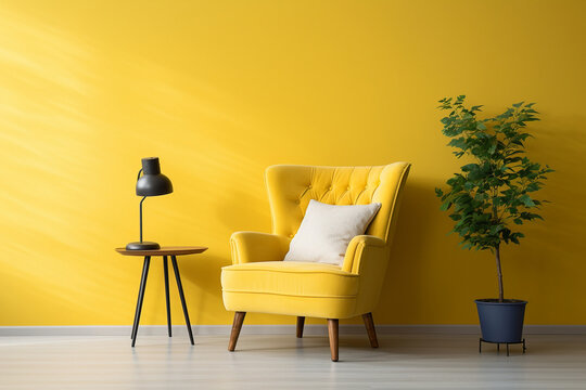 an armchair and a lamp in a yellow interior