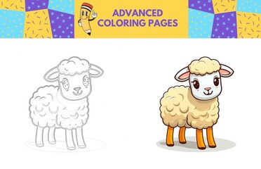 Obraz premium Sheep coloring page with colored example for kids. Coloring book