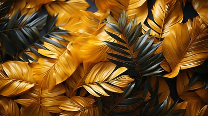 Tropical leaves and plants in golden color. Generative AI.