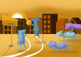 Mice playing basketball in sunset © Julia