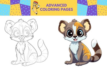 Obraz premium Lemur coloring page with colored example for kids. Coloring book