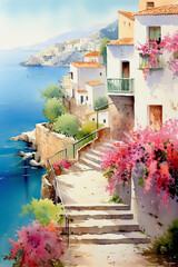 seaside mediterranean landscape, watercolor style