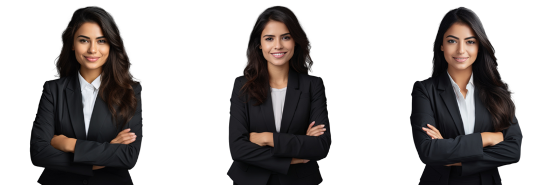 Confident businesswoman posing arms folded smiling Young Latin woman in formal suit beautiful standing for camera Corporate portrait concept