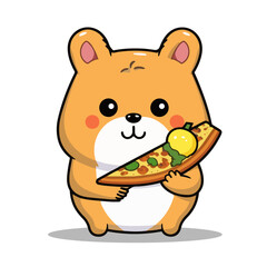 Cute baby hamster holding a slice of pizza with vegetables. Adorable cheerful cartoon animal character about to have lunch
