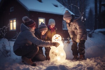 A charming outdoor scene of a family building a snowman together, with twinkling Christmas lights in the background. Generative AI.