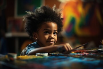 A smiling black-skinned preschooler boy happily engaged in a painting activity, showcasing creativity and imagination. The background is a colorful classroom. Generative AI.