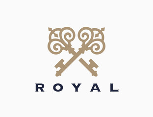 Crossed vintage keys icon. Luxury real estate agency logo mark design. Royal property realtor emblem. Vector illustration.