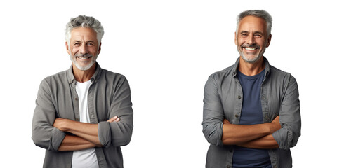 Happy elderly man standing confidently with arms crossed smiling and facing the camera isolated on transparent background - Powered by Adobe
