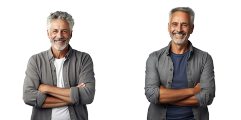Happy elderly man standing confidently with arms crossed smiling and facing the camera isolated on transparent background