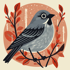 Gray cartoon bird sitting on a branch close-up. Vector illustration of a cute sparrow in the tree in autumn