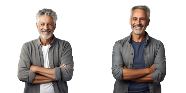 Happy elderly man standing confidently with arms crossed smiling and facing the camera isolated on transparent background