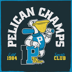 Pelican Sport Mascot Baseball Champs Vintage Shirt in Retro Style