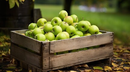 barrow filled with ripe green cooking apples from orchard