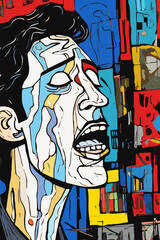 Colorful painting of a sad man crying and shouting on a city street. Artistic portrait of a guy singing with closed eyes