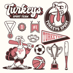 Turkey Mascot and Sport Object Set Vintage Style