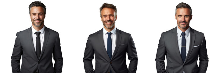 Middle aged man in suit smiling and posing on transparent background