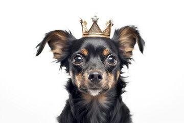 Small dog with golden crown on head on white background