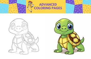Turtle coloring page with colored example for kids. Coloring book