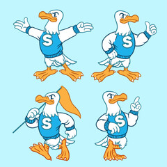 Vector Set of Seagull Sport Mascot in Vintage Retro Hand Drawn Style