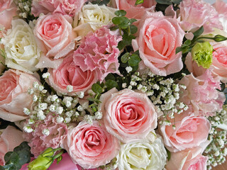 Beautiful summer flowers as background. Blossoming rose and white roses on blooming flowers festive background, pastel and soft bouquet floral card.