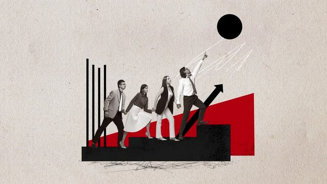 Stop motion. Animation. Team of workers following the leader over light background with red abstract objects. Concept of business, teamwork, leadership
