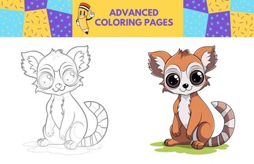 Lemur coloring page with colored example for kids. Coloring book
