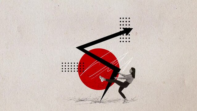 Stop motion, animation. Woman trying to increase the company's sales over light background. Growing professional skills