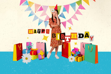 Fototapeta premium Creative abstract template collage of sad unhappy teen girl happy birthday have fun gift present party upset bags giftbox flowers bloom