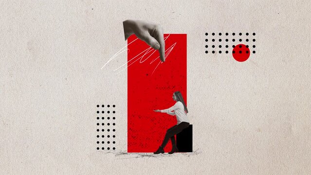 Stop motion, animation. Woman standing with outstretched hand and asking for money from investors on light background with abstraction. Lack of financing
