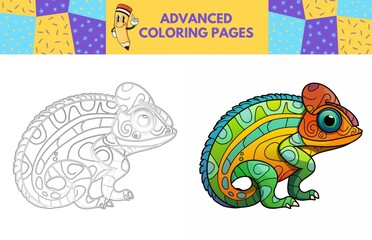 Chameleon coloring page with colored example for kids. Coloring book