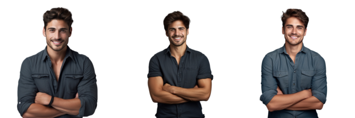 Smiling young man in denim shirt poses confidently for the camera