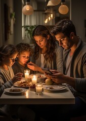 Disconnected Family Time concept. A family sits around a dining table, each absorbed in their devices, failing to engage with each other.
