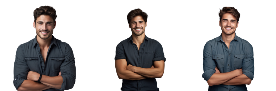 Smiling young man in denim shirt poses confidently for the camera - Powered by Adobe