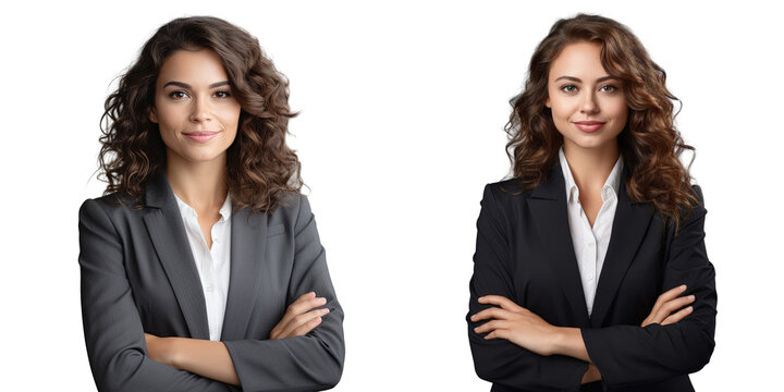 Attractive cheerful lady lawyer with folded arms isolated on light background