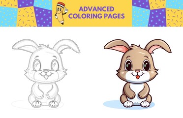 Rabbit coloring page with colored example for kids. Coloring book