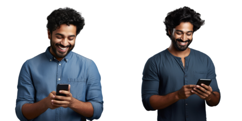 Youthful Indian man happily uses his phone isolated on transparent background