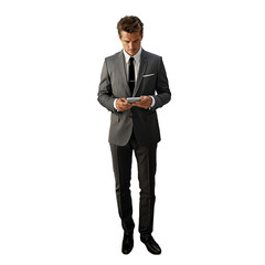 Homme s&eacute;rieux en costume sur son smartphone. Plan pied, personnage en entier avec fond transparent PNG + alpha