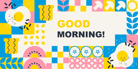 Breakfast food banner in flat style. Scandinavian styled abstract healthy food vector pattern design. Eggs, bacon and vegetables geometry minimalistic. Great for flyer, poster, menu, cover design.