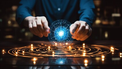 Businessman on blurred background using digital interface with his fingers