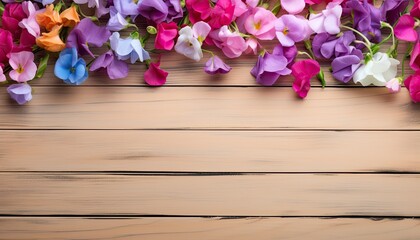 Colorful flowers on wooden background. Top view with space for your text