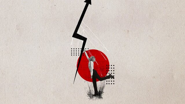 Stop motion, animation. Woman trying to increase company's income over light background. Profitability marks of product