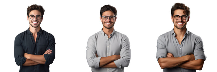 Smiling young man in casual attire and glasses arms crossed looking at the camera happily - obrazy, fototapety, plakaty
