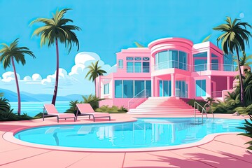 Fototapeta na wymiar pink villa with pool tropical summer vacation illustration