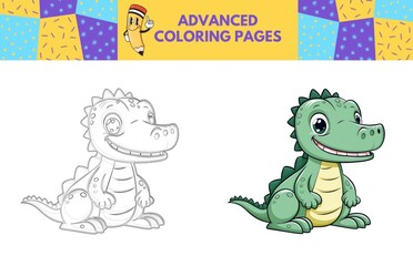 Naklejka premium Crocodile coloring page with colored example for kids. Coloring book