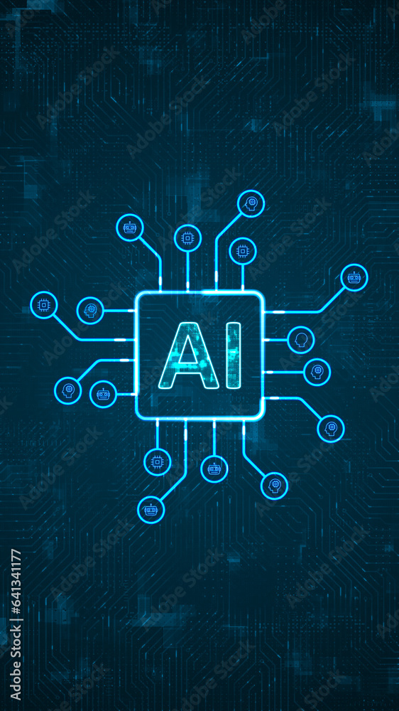 Poster blue digital ai assistant logo and hud technology circuit board with icon and data transfer on abstr