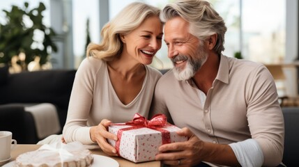 Smiling middle aged European couple with a wrapped Christmas gift in a decorated living room. Close-up portrait of a happy pair holding a covered New Year present at home. Winter Holidays concept.
