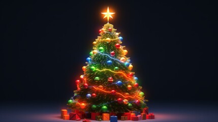 3D render of a glowing Christmas tree with colorful decorations on a black background. Wallpaper concept of Christmas and New Year. Decorated tree with multicolored light garland and presents under it