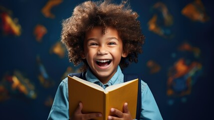 Delighted African American boy in glasses laughing for camera and reading book while having fun during school students against blue background - obrazy, fototapety, plakaty