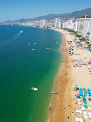 Coastal Scene: Acapulco Beach Umbrellas, Hotels, and Ocean, Vertical Aerial View