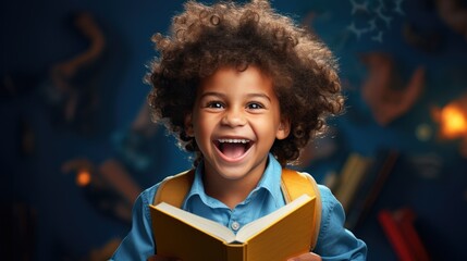 Delighted African American boy in glasses laughing for camera and reading book while having fun during school students against blue background